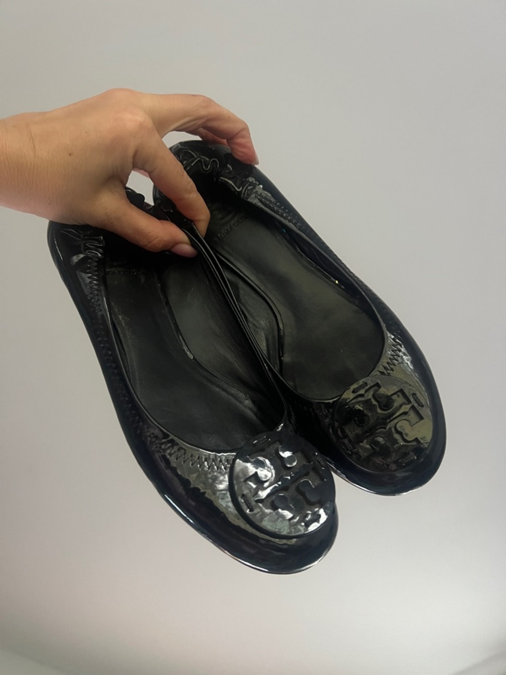 Tory Burch Black Patent Ballet Flats with Logo Medallion